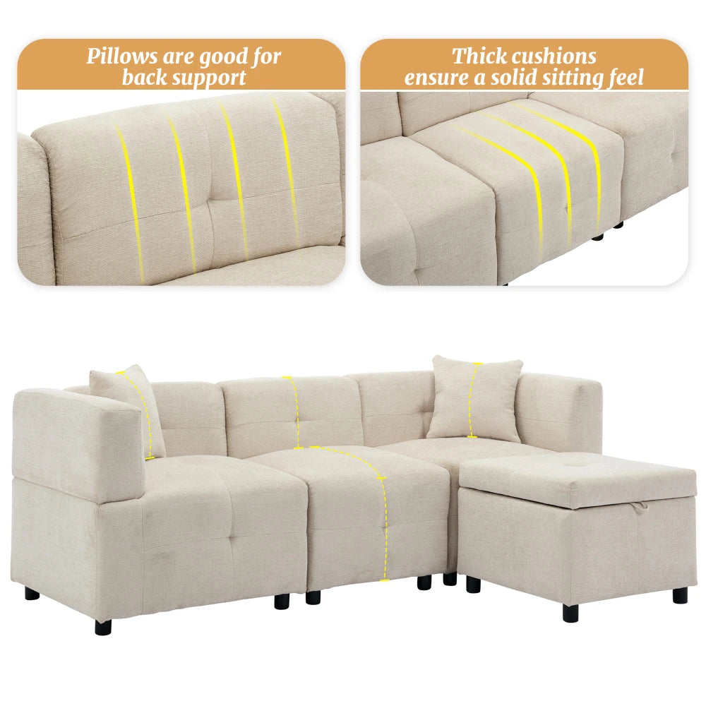 PINOOG L-Shaped Couch Sofa, Corner Sofa 3 Seater Sofa, Sectional Sofa Couches With USB, Cup Holder, For Apartment Living Room (Beige)