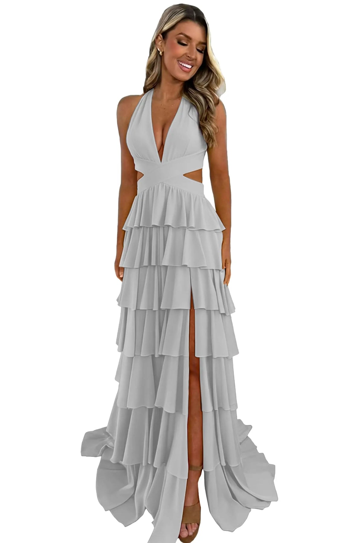 Customized Halter Tiered Ruffle Prom Dresses for Women 2026 Strapless Chiffon Long Formal Evening Party Gowns with Slit