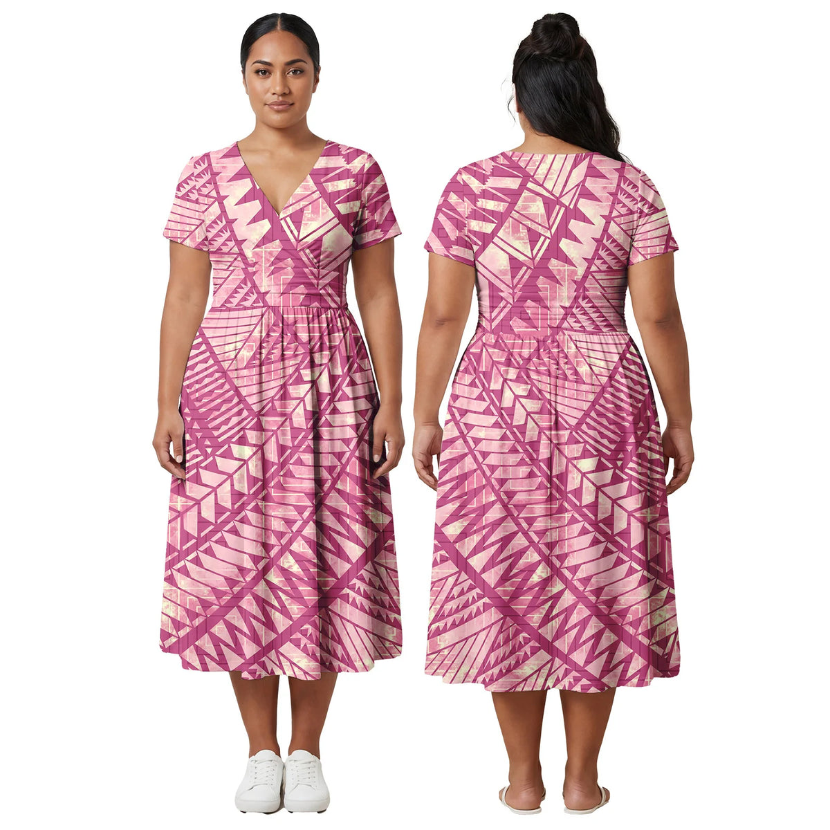 Custom Ladies Clothes Polynesian Midi Skirts Hawaiian Island Side Zipper Design Dress Samoan Women Tribal Short Sleeve Dresses