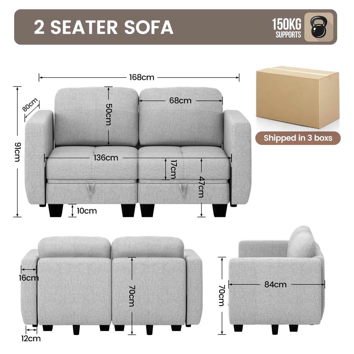 Fabric Modular Sofas with Upholstered Cushion and Removable Back Cushion Covers, Modern Sectional Sofa for Living Room