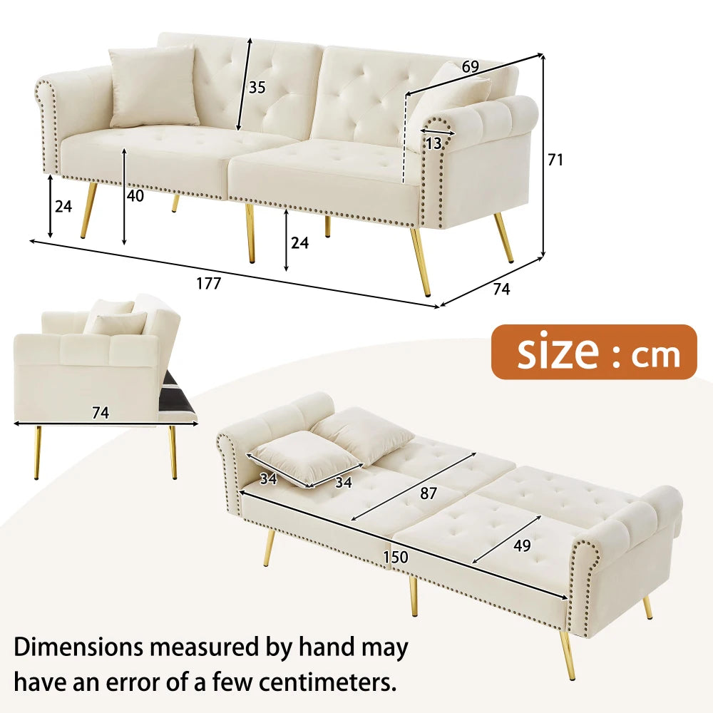 PINGGO Modern 2-Seater Sofa Bed – Velvet Upholstery, 3-Stage Adjustable Backrest & Gold-Plated Metal Feet Stylish Sofa