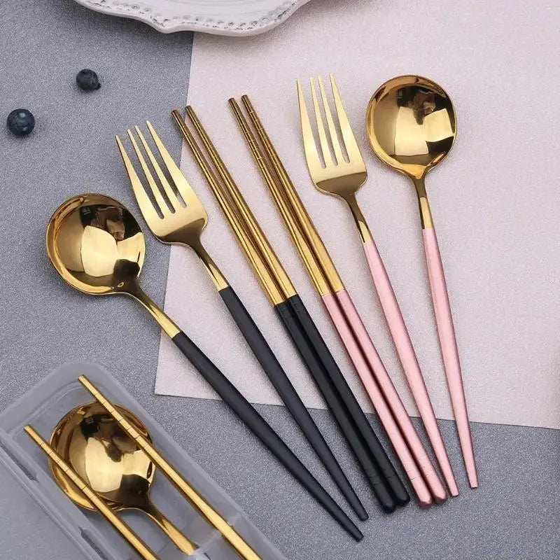 Portable Stainless Steel Spoon Fork Chopsticks Cutlery Set With Storage Box Travel Tableware For Coffee Fruit Dessert Snack