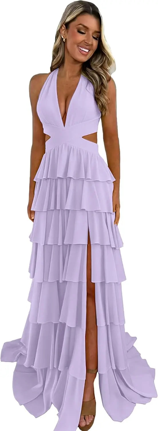 Customized Halter Tiered Ruffle Prom Dresses for Women 2026 Strapless Chiffon Long Formal Evening Party Gowns with Slit
