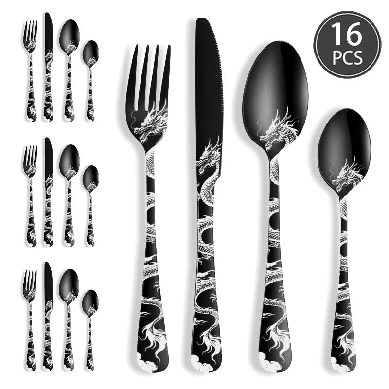 24/16 Pcs Premium Cutlery Set Laser Engraved Dragon Pattern Dinner Knife Fork Spoon Teaspoon for Festival Gifting Camping