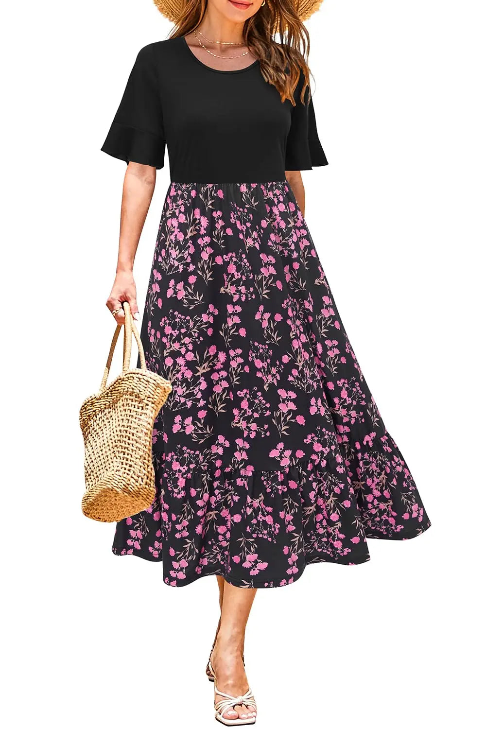 Women Summer Dress Floral Short Sleeve Casual Swing Midi Dress With Pockets