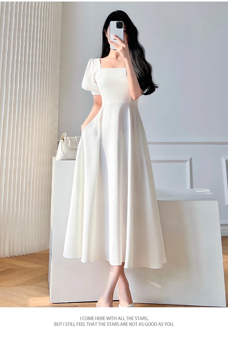 Retro women's long dress party ball bubble sleeves square collar temperament slim fit long dress summer clothing