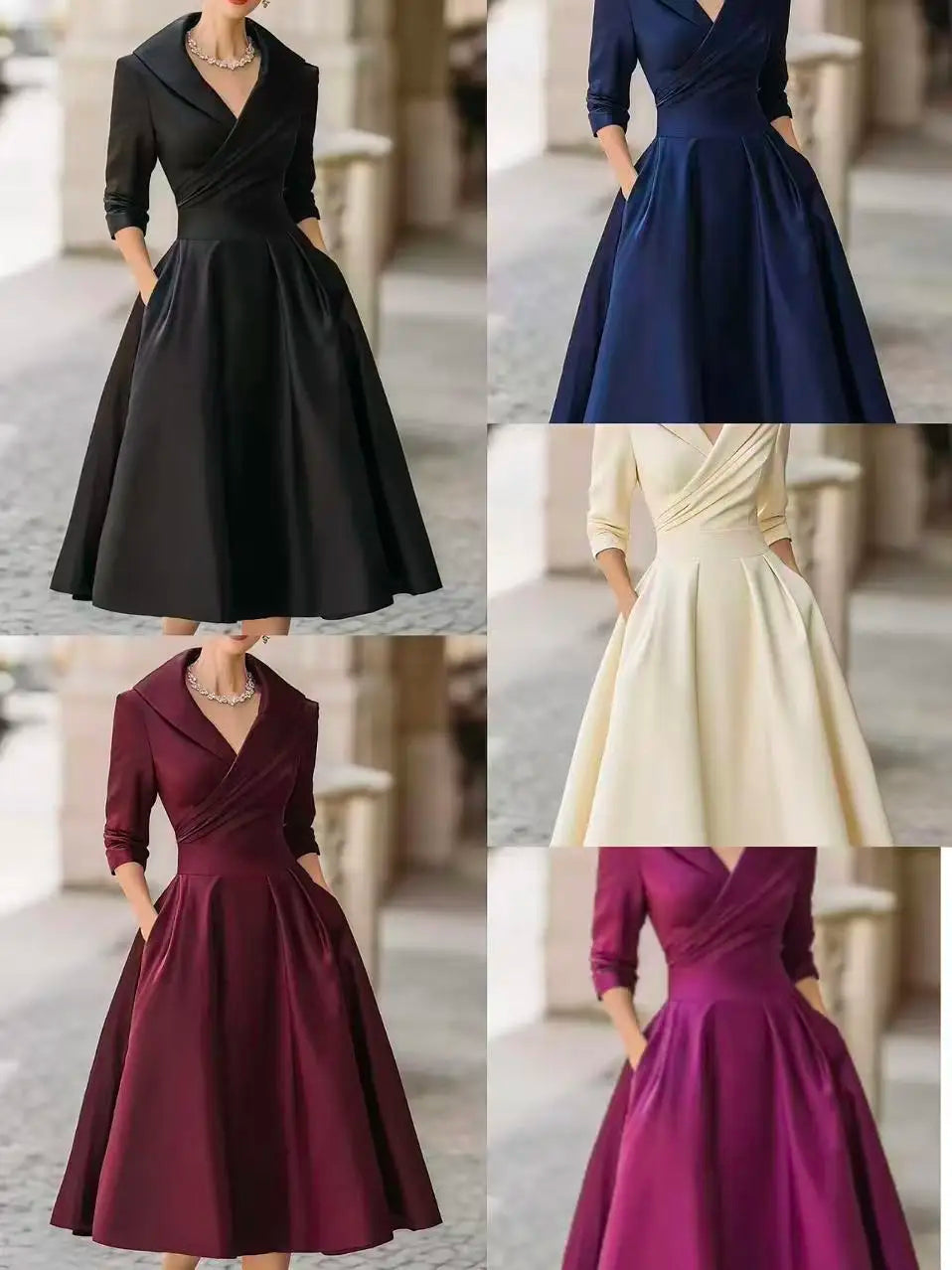 Women's Vintage V Neck Long Sleeve Wrap Waist A Line Midi Dress with Pockets