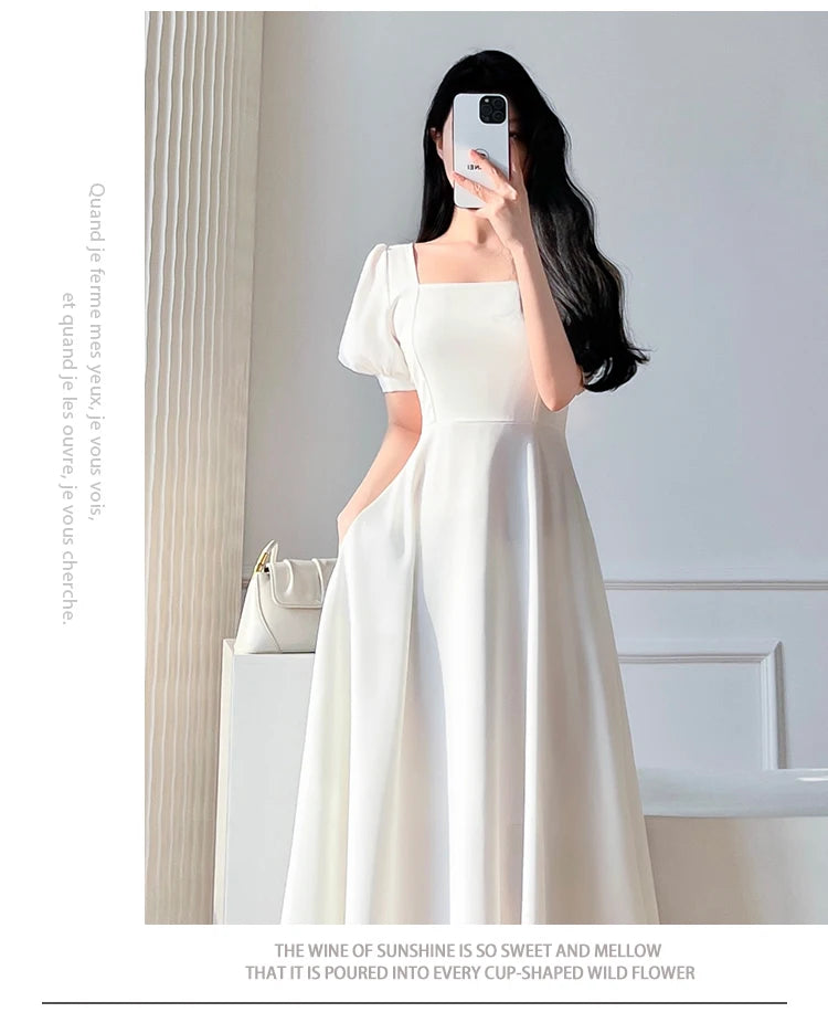 Retro women's long dress party ball bubble sleeves square collar temperament slim fit long dress summer clothing