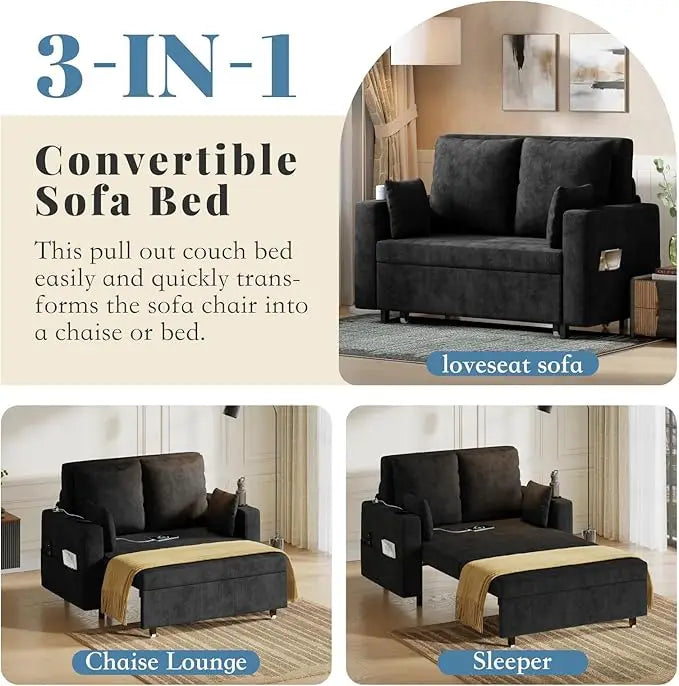 3 in 1 Pull Out Couch, Convertible Sleeper Sofa Bed, 56 Inch Loveseat Sofa Couch with Cup Holders, Modern Loveseat Sleeper Sofa for Living Room, Bedroom