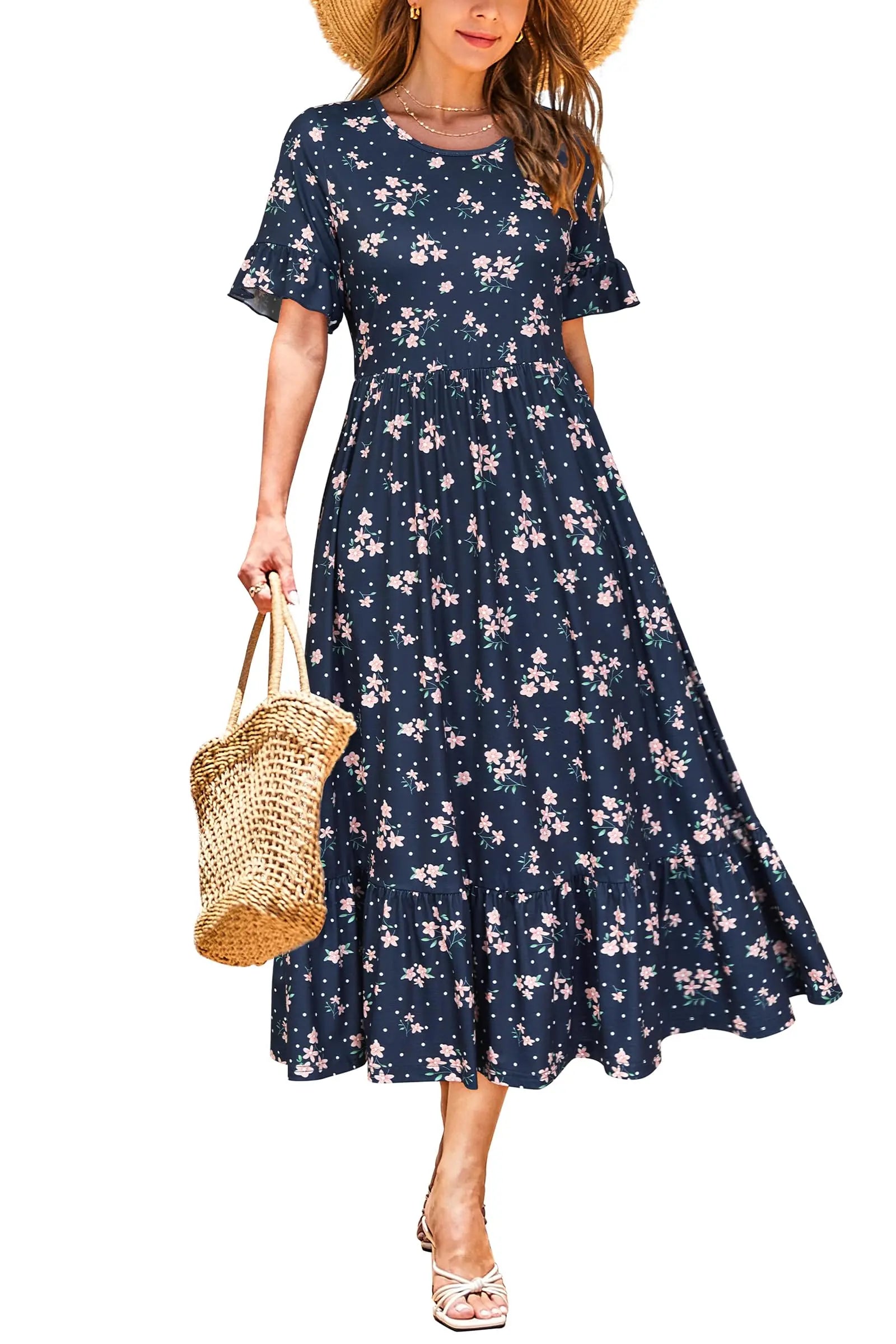 Women Summer Dress Floral Short Sleeve Casual Swing Midi Dress With Pockets