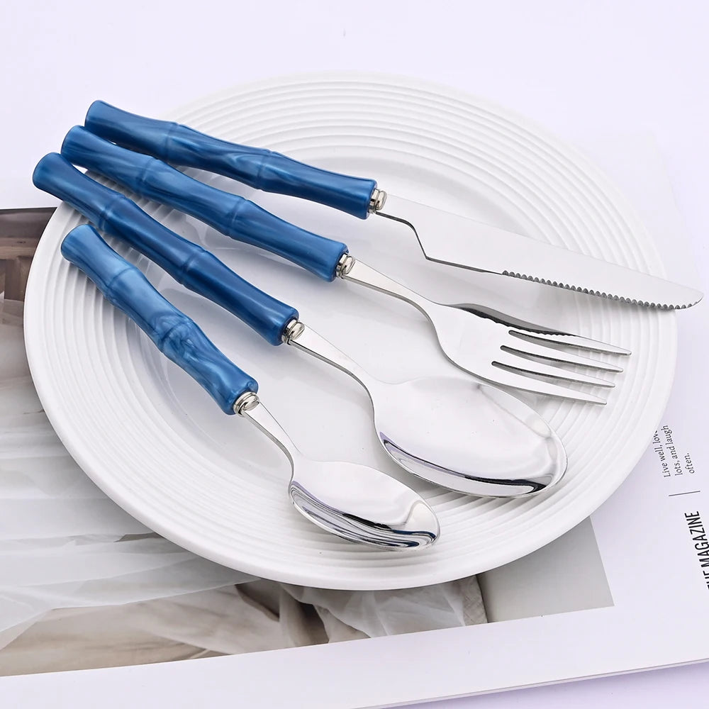 4Pcs Imitation Bamboo Handle Dinnerware Set Knife Fork Spoon Tableware Set Stainless Steel Cutlery Kitchen Flatware