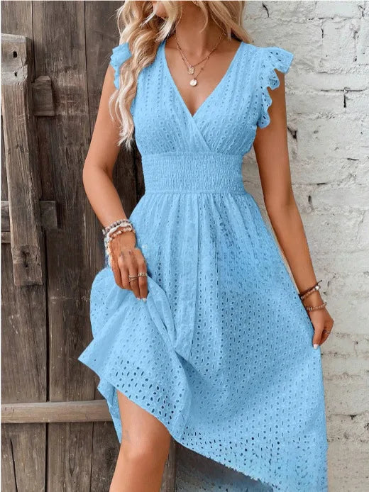 White Lace Fashion Hollow Mini Dress For Women V-Neck Summer Elegant Office Ladies A-Line Dresses Casual Beach Holiday Sundress