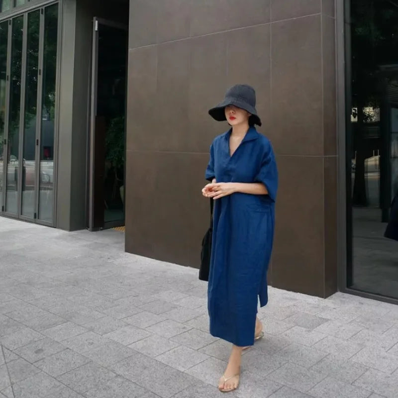 Women V‑Neck Midi Long Dress Short Sleeve Loose Dress With Pockets Casual Vacation Daily Streetwear Ladies Baggy Maxi Dresses