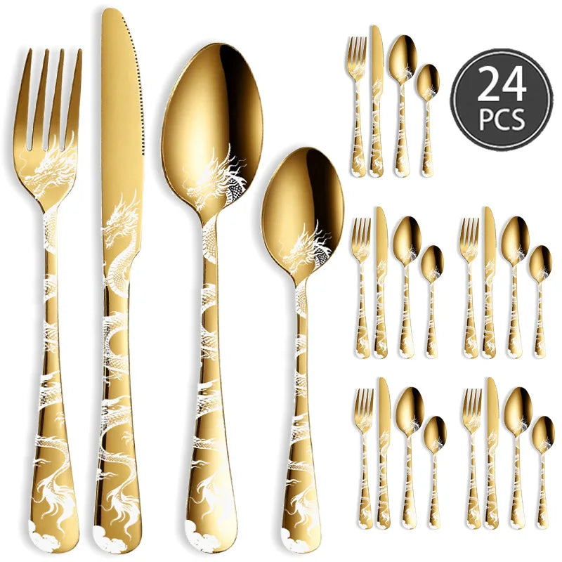 24/16 Pcs Premium Cutlery Set Laser Engraved Dragon Pattern Dinner Knife Fork Spoon Teaspoon for Festival Gifting Camping