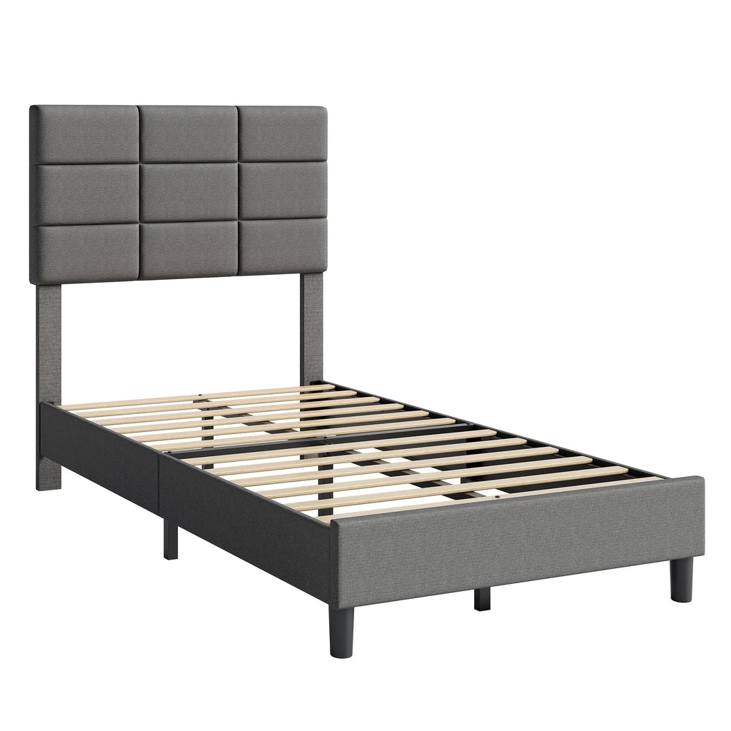 Upholstered Double Platform Bed Frame With Headboard Heavy Duty Metal Base And Wooden Slats No Box Spring Needed Noise-Free Under Bed Storage Easy Assembly