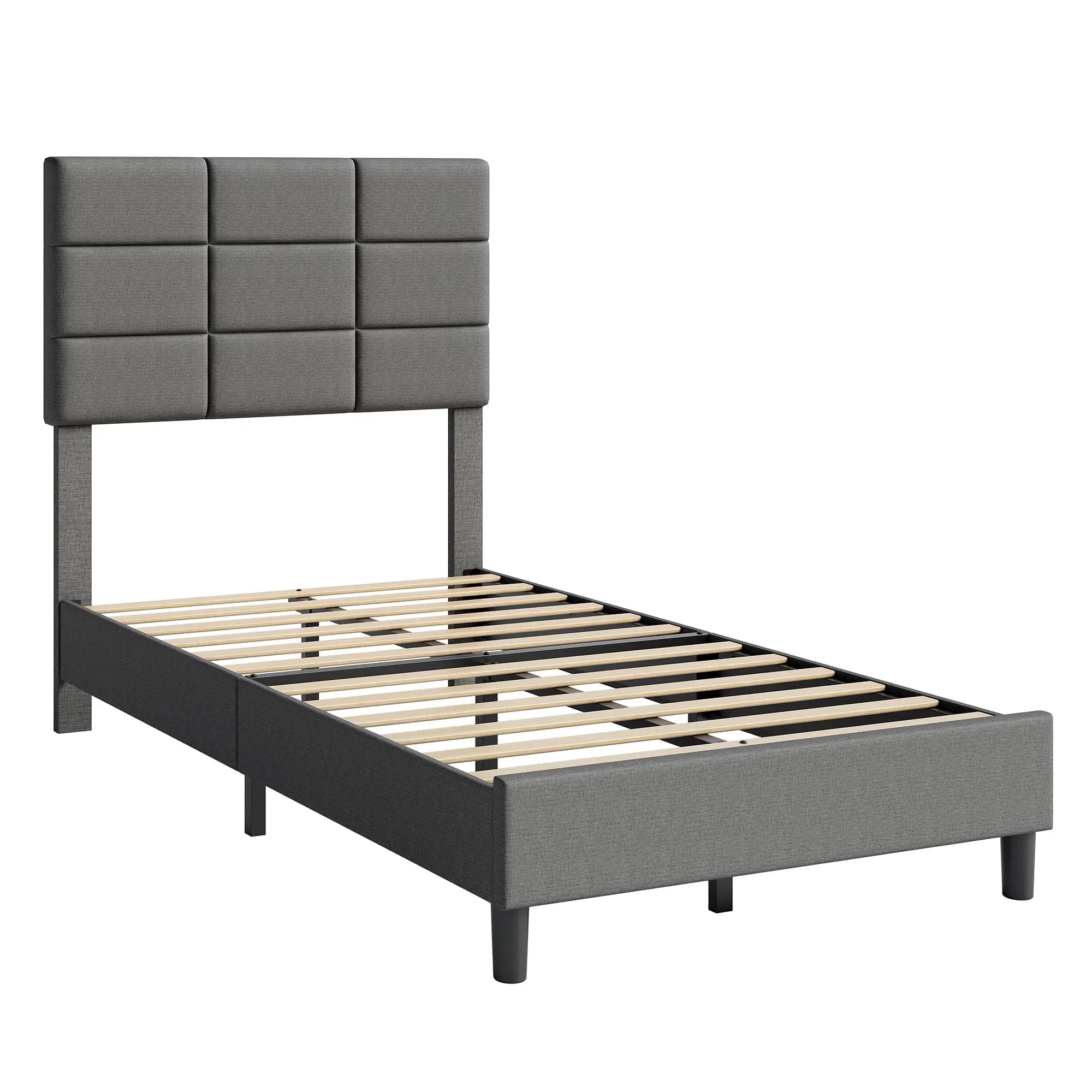 Upholstered Double Platform Bed Frame With Headboard Heavy Duty Metal Base And Wooden Slats No Box Spring Needed Noise-Free Under Bed Storage Easy Assembly