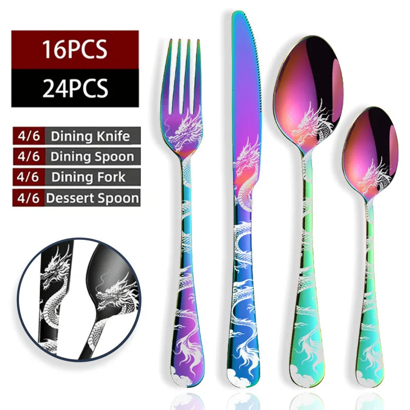 24/16 Pcs Premium Cutlery Set Laser Engraved Dragon Pattern Dinner Knife Fork Spoon Teaspoon for Festival Gifting Camping