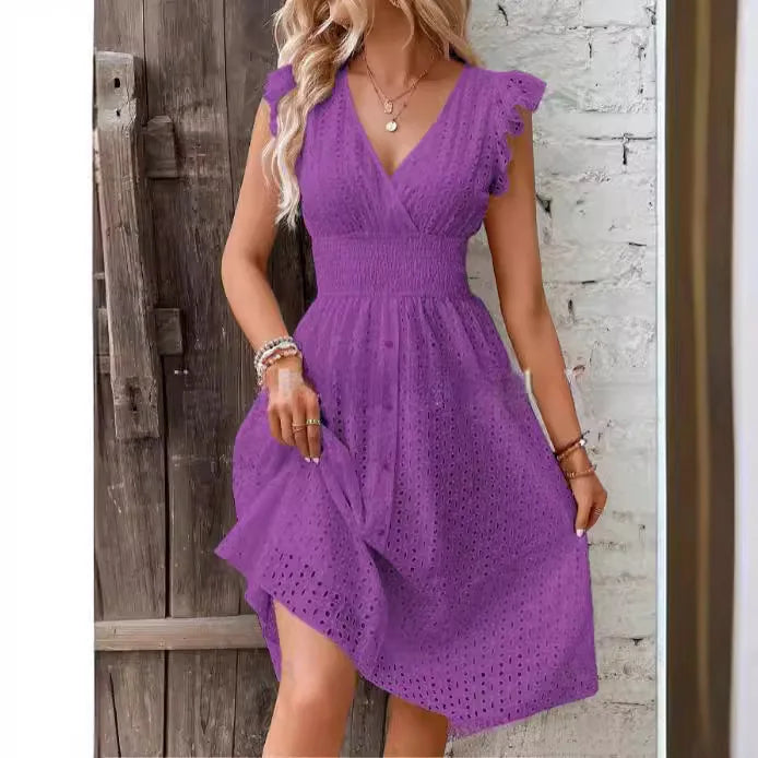 White Lace Fashion Hollow Mini Dress For Women V-Neck Summer Elegant Office Ladies A-Line Dresses Casual Beach Holiday Sundress