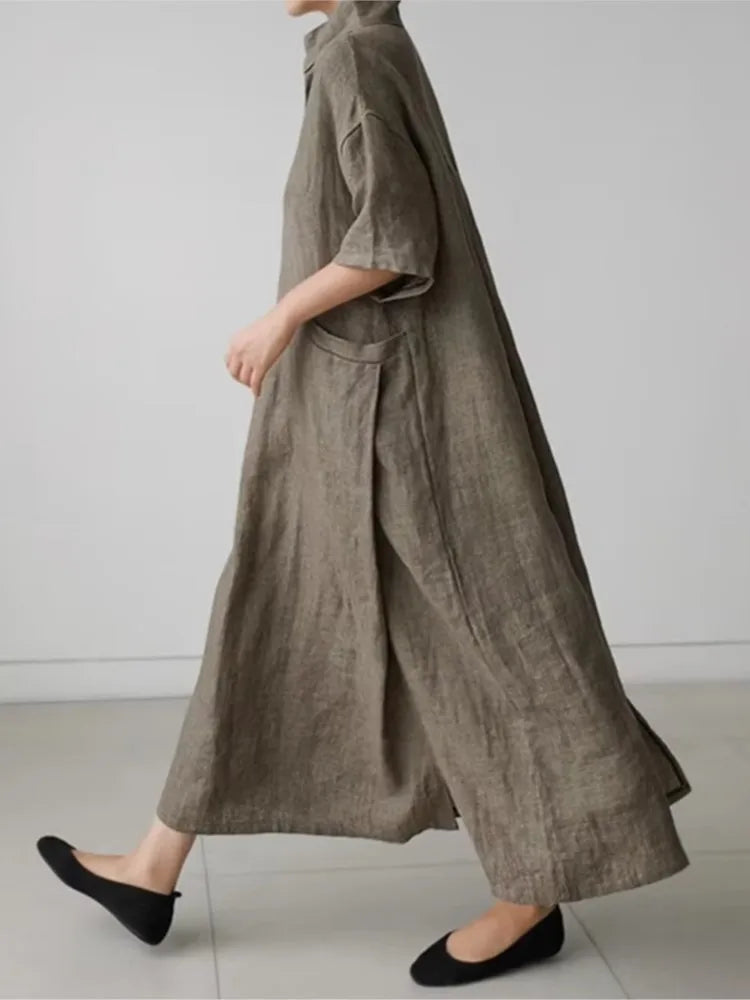 Women V‑Neck Midi Long Dress Short Sleeve Loose Dress With Pockets Casual Vacation Daily Streetwear Ladies Baggy Maxi Dresses