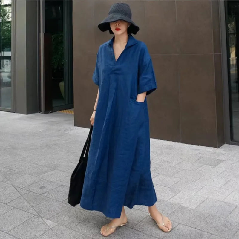 Women V‑Neck Midi Long Dress Short Sleeve Loose Dress With Pockets Casual Vacation Daily Streetwear Ladies Baggy Maxi Dresses