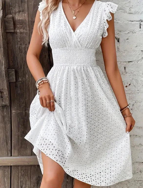 White Lace Fashion Hollow Mini Dress For Women V-Neck Summer Elegant Office Ladies A-Line Dresses Casual Beach Holiday Sundress