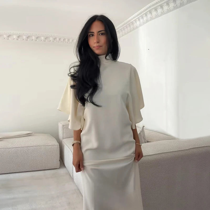 Solid Satin Maxi Dress Women Chic High Neck Batwing Sleeve Front Slit Loose Fit Dresses 2026 Summer Elegant Evening Party Gown
