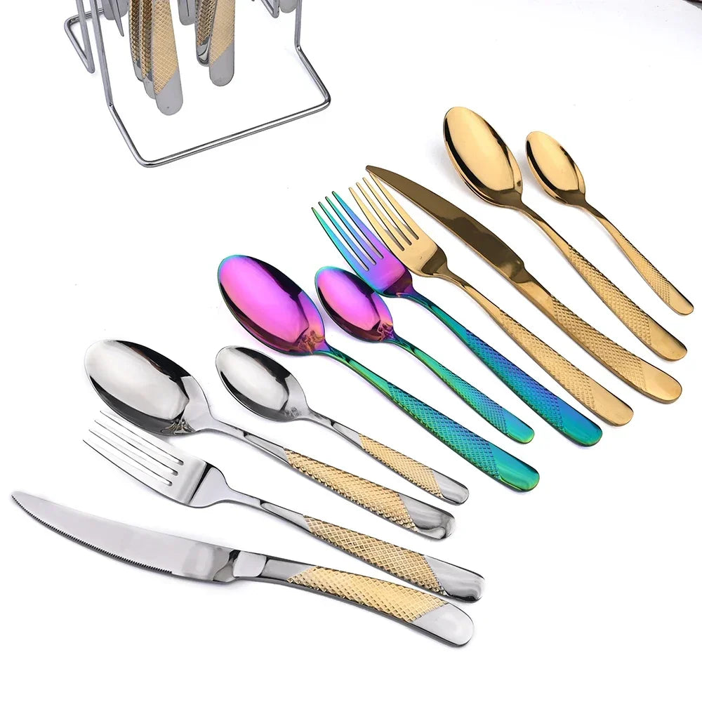 24Pcs Cutlery Set Stainless Steel Knife Fork Spoon Dinnerware Western Tableware Set Kitchen Flatware Dinner Silverware Table Set