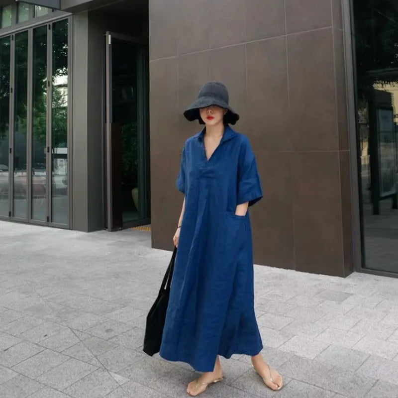 Women V‑Neck Midi Long Dress Short Sleeve Loose Dress With Pockets Casual Vacation Daily Streetwear Ladies Baggy Maxi Dresses