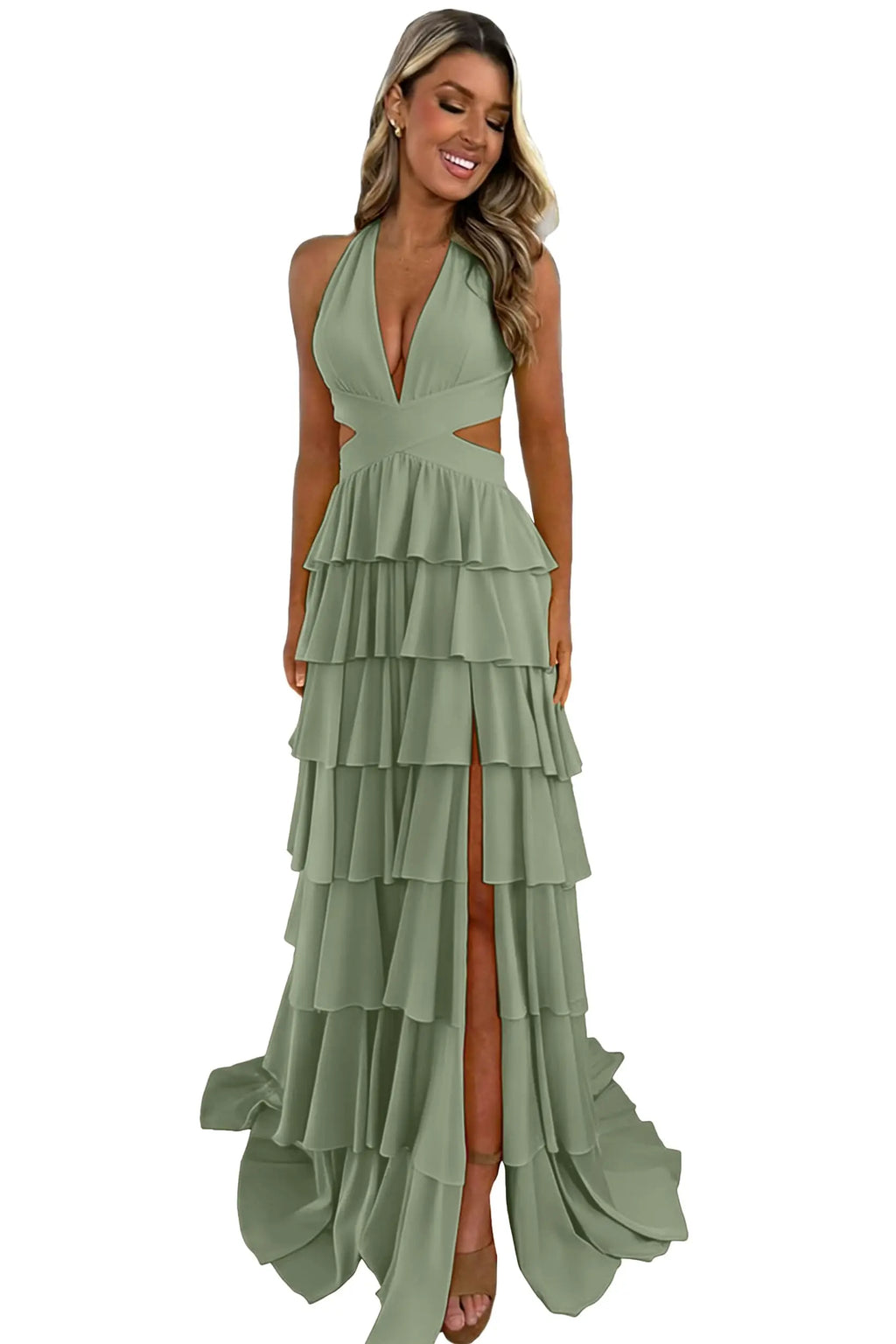 Customized Halter Tiered Ruffle Prom Dresses for Women 2026 Strapless Chiffon Long Formal Evening Party Gowns with Slit