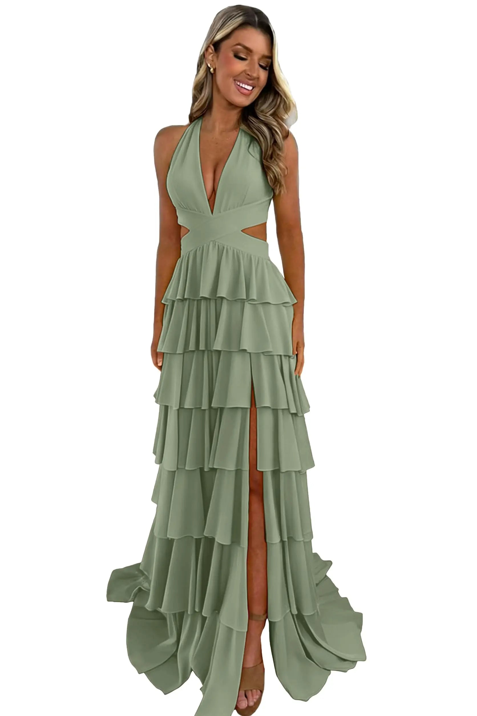 Customized Halter Tiered Ruffle Prom Dresses for Women 2026 Strapless Chiffon Long Formal Evening Party Gowns with Slit