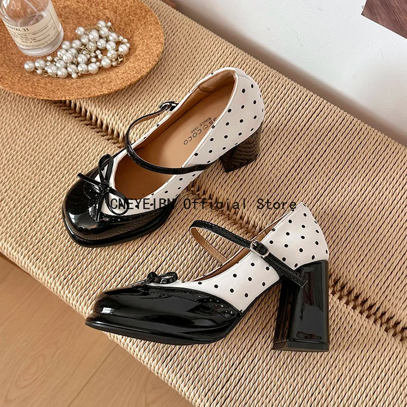 Platform Block Heels Polka Dot Women Mary Jane Shoes Concise Ankle Strap Shoes Spring Women's Elegant Butterfly-knot Dress Pumps