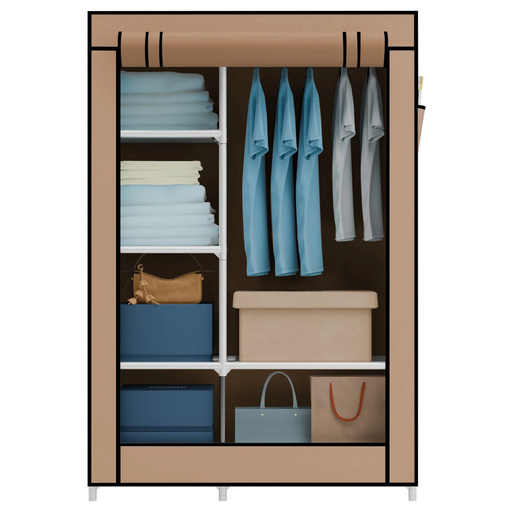Portable Wardrobe Closet Organizer with Cover Non-Woven Steel Tube Frame 6 Shelves 2 Side Pockets 12mm Easy Assembly for Bedroom