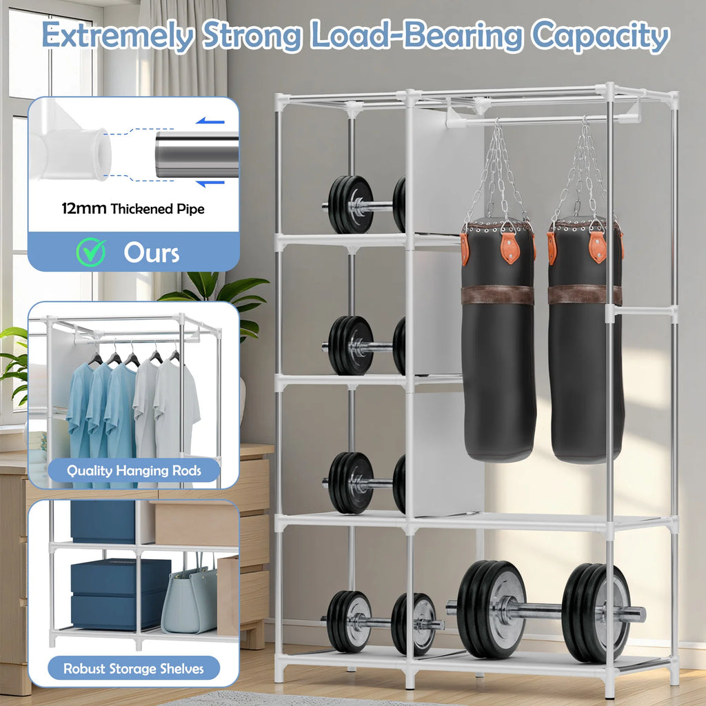 Portable Wardrobe Closet Organizer with Cover Non-Woven Steel Tube Frame 6 Shelves 2 Side Pockets 12mm Easy Assembly for Bedroom