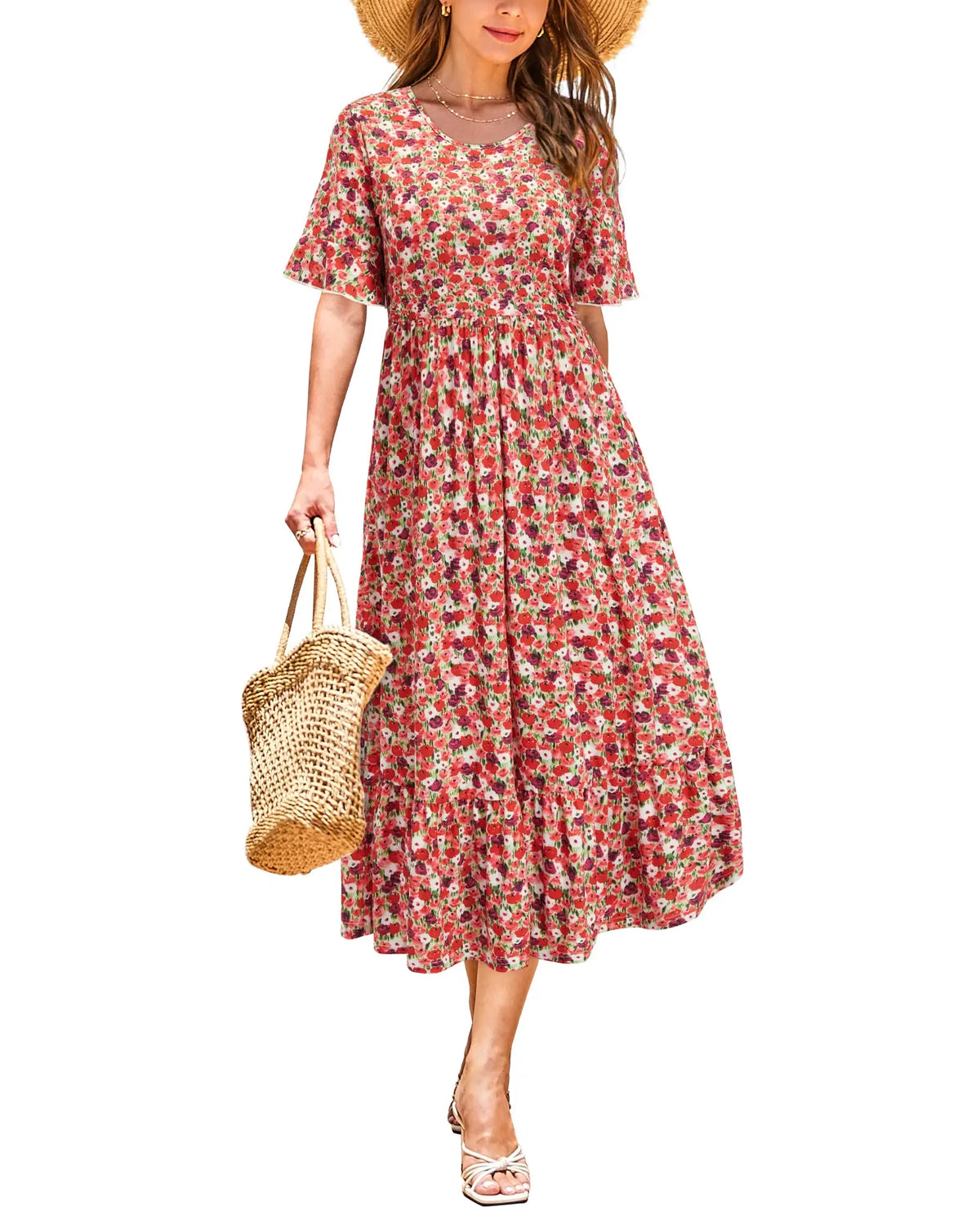 Women Summer Dress Floral Short Sleeve Casual Swing Midi Dress With Pockets