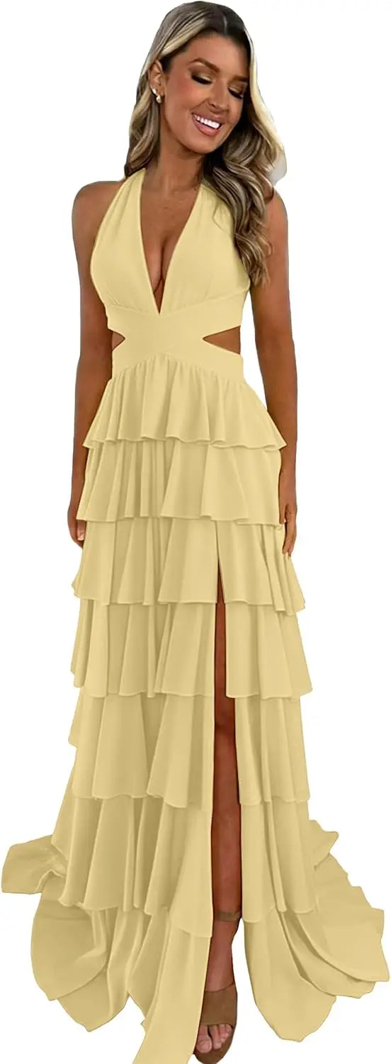 Customized Halter Tiered Ruffle Prom Dresses for Women 2026 Strapless Chiffon Long Formal Evening Party Gowns with Slit