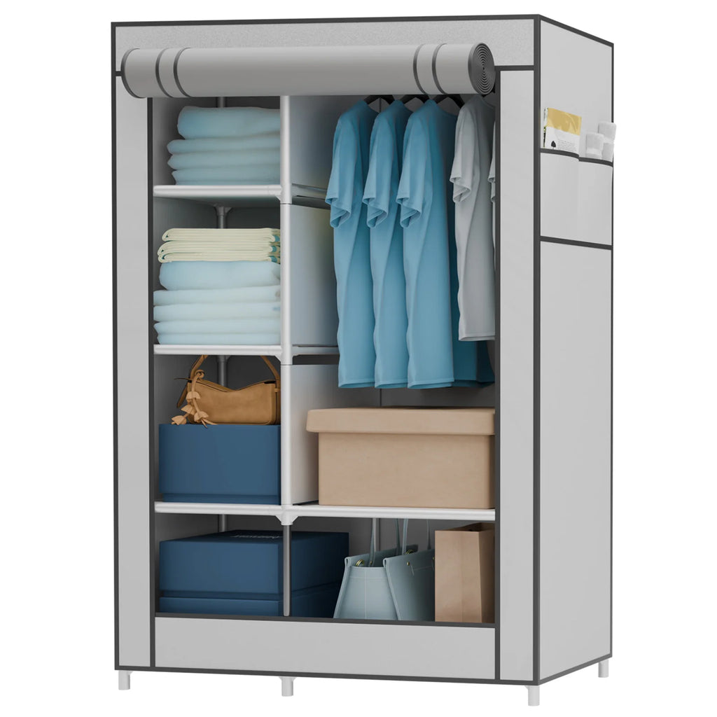 Portable Wardrobe Closet Organizer with Cover Non-Woven Steel Tube Frame 6 Shelves 2 Side Pockets 12mm Easy Assembly for Bedroom