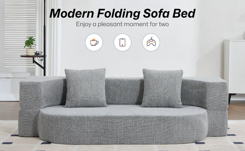 76” Convertible Sofa Bed, Full Size Sleeper Couch, Grey| Boneless Folding Loveseat, Deep Seat, Soft Chenille, 2 Pillows, No Assembly, for Guest Living Room Bedroom