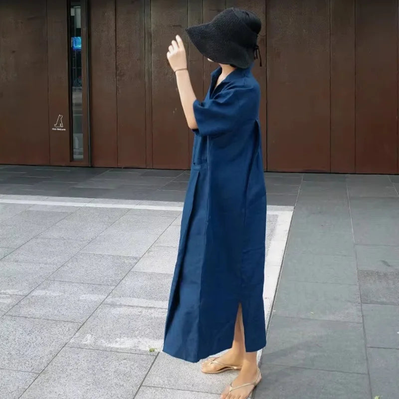 Women V‑Neck Midi Long Dress Short Sleeve Loose Dress With Pockets Casual Vacation Daily Streetwear Ladies Baggy Maxi Dresses