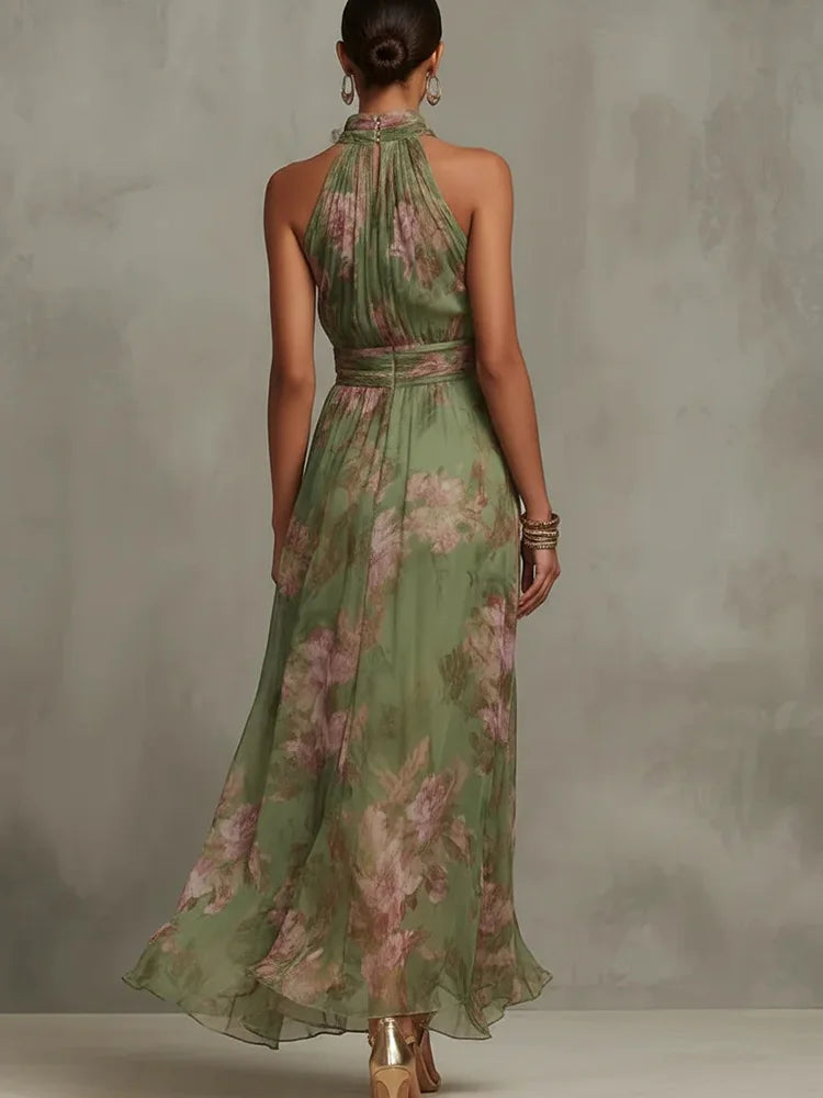 DFCF Fashion Sleeveless High Neck Ruched Waist Chiffon Flowy Evening Party Dress 2026 New Women Floral Print Halter Maxi Dress