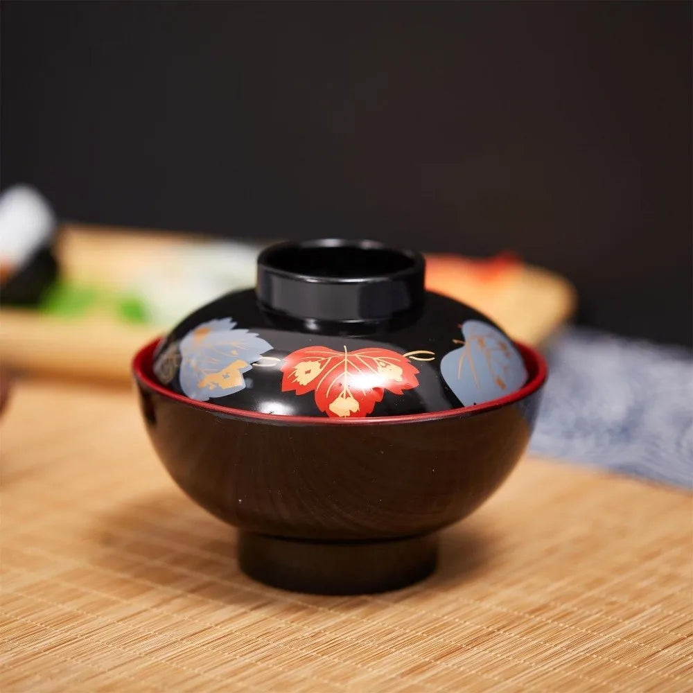 New With Lid Miso Soup Bowl Soup Container Double Color Japanese Rice Bowl Maple Leaf Japanese Flower Bowl Dining Accessories