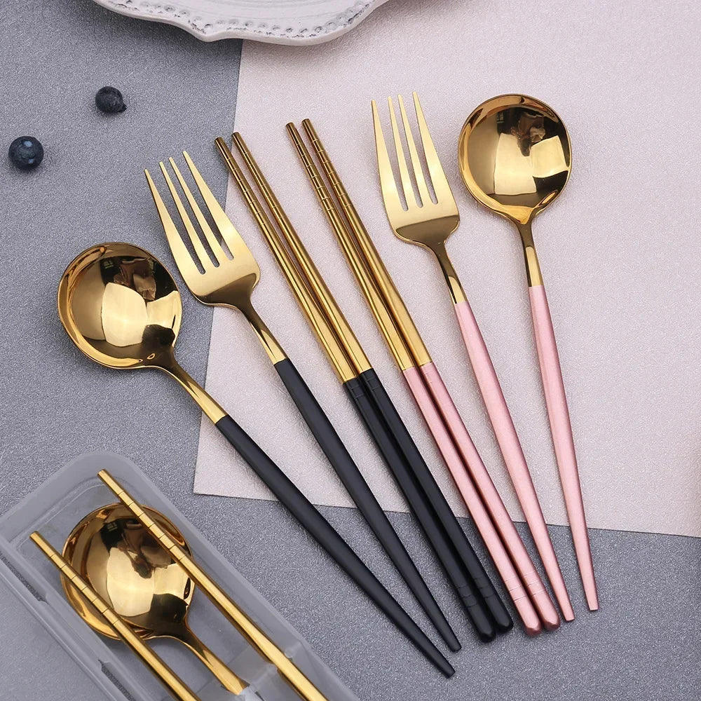 Portable Stainless Steel Spoon Fork Chopsticks Cutlery Set With Storage Box Travel Tableware For Coffee Fruit Dessert Snack