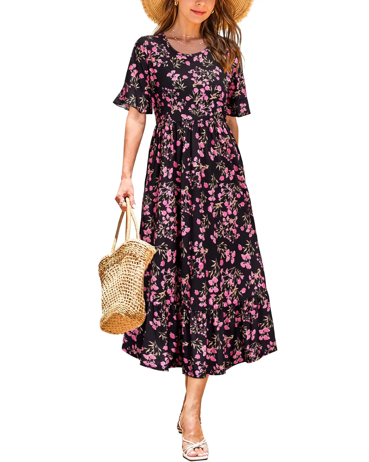 Women Summer Dress Floral Short Sleeve Casual Swing Midi Dress With Pockets