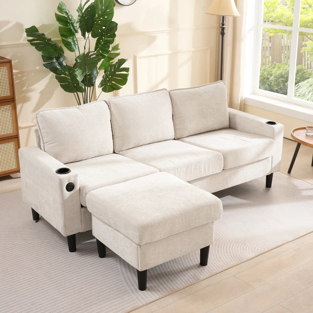 PINOOG L-Shaped Couch Sofa, Corner Sofa 3 Seater Sofa, Sectional Sofa Couches With USB, Cup Holder, For Apartment Living Room (Beige)