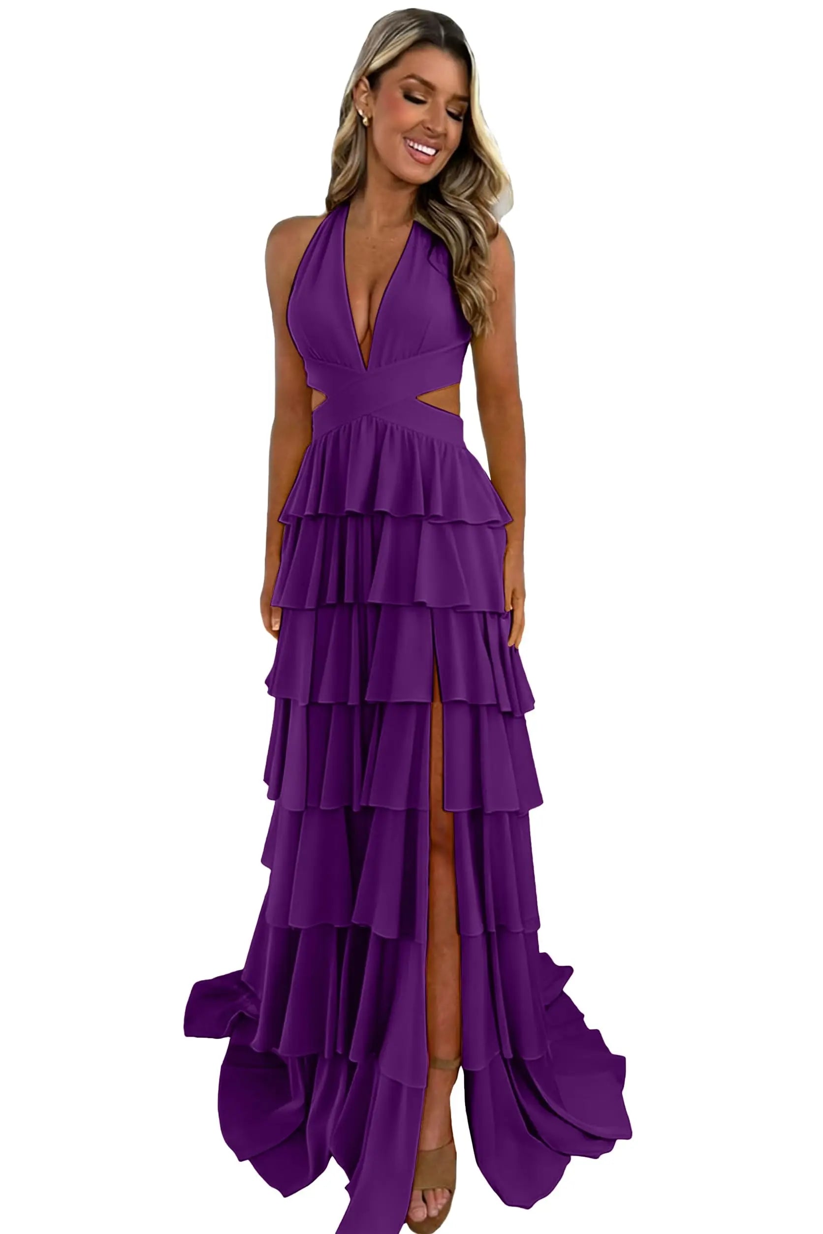 Customized Halter Tiered Ruffle Prom Dresses for Women 2026 Strapless Chiffon Long Formal Evening Party Gowns with Slit