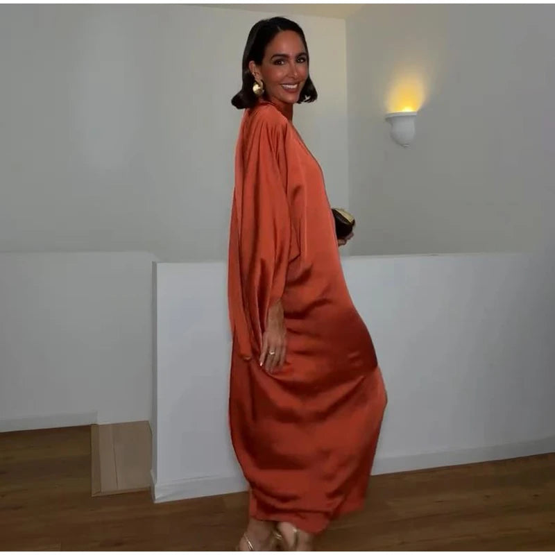 Solid Satin Maxi Dress Women Chic High Neck Batwing Sleeve Front Slit Loose Fit Dresses 2026 Summer Elegant Evening Party Gown