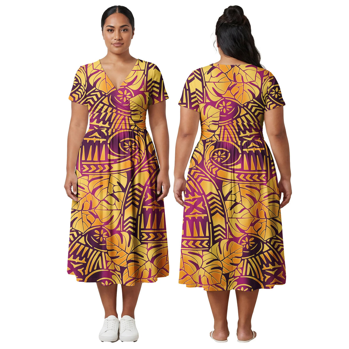 Custom Ladies Clothes Polynesian Midi Skirts Hawaiian Island Side Zipper Design Dress Samoan Women Tribal Short Sleeve Dresses