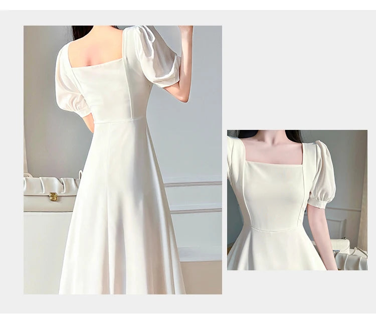 Retro women's long dress party ball bubble sleeves square collar temperament slim fit long dress summer clothing