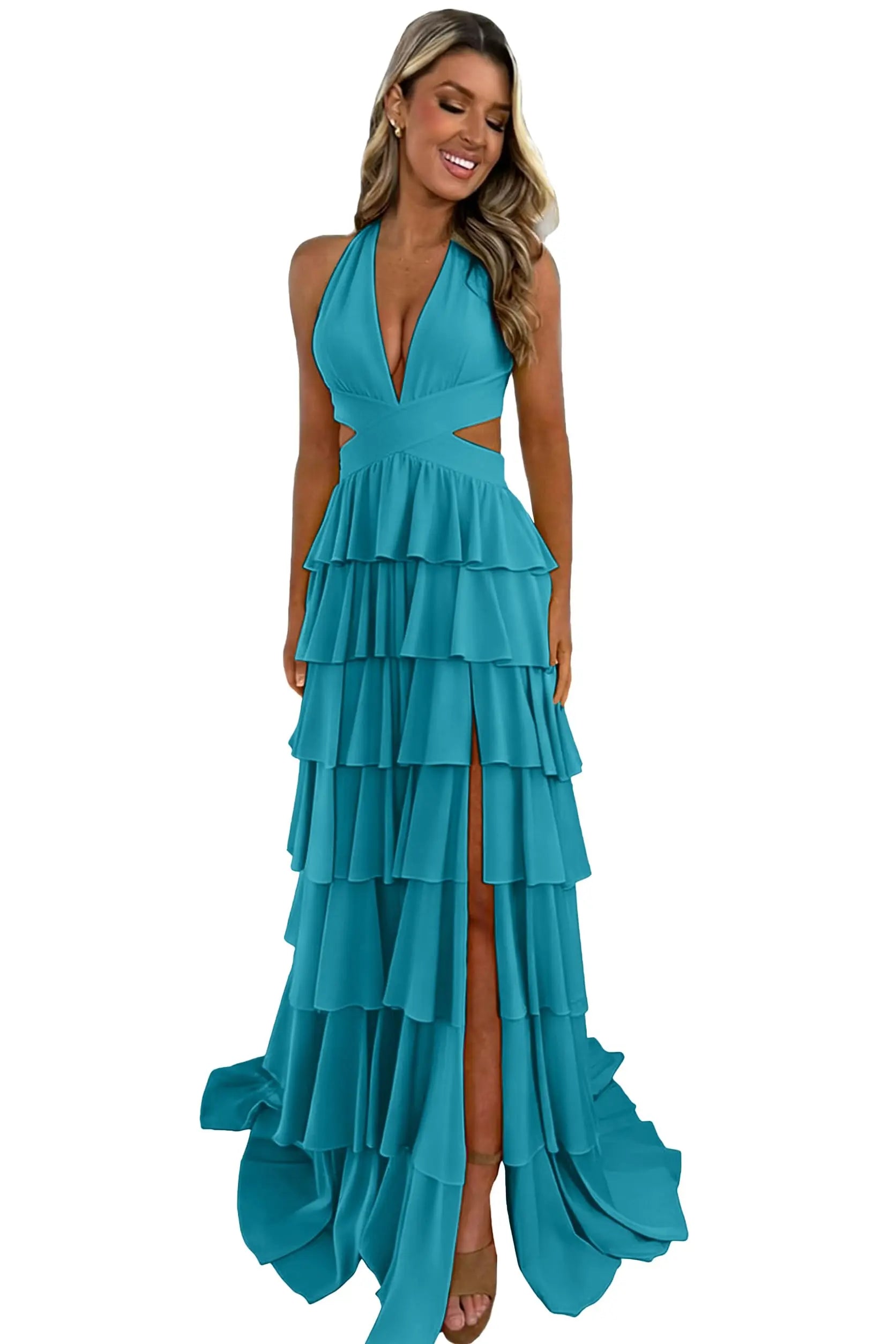 Customized Halter Tiered Ruffle Prom Dresses for Women 2026 Strapless Chiffon Long Formal Evening Party Gowns with Slit