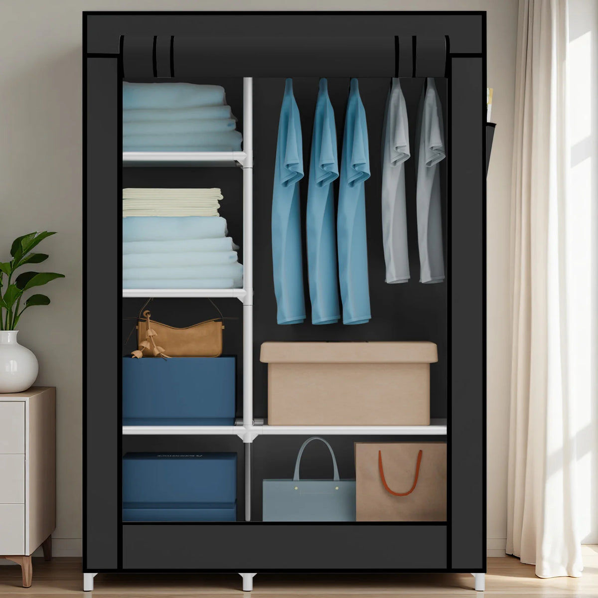 Portable Wardrobe Closet Organizer with Cover Non-Woven Steel Tube Frame 6 Shelves 2 Side Pockets 12mm Easy Assembly for Bedroom