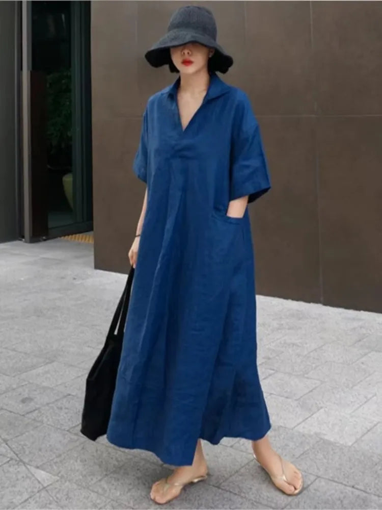 Women V‑Neck Midi Long Dress Short Sleeve Loose Dress With Pockets Casual Vacation Daily Streetwear Ladies Baggy Maxi Dresses